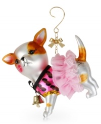 Puppy love. Trim the tree with this ceramic chihuahua ornament from Betsey Johnson. Antique gold, silver and brown tones, plus a pink leopard dress and tutu raise the bar on cuteness. Item come packaged in a signature Betsey Johnson Gift Box. Approximate height: 4 inches. Approximate length: 3-3/4 inches. Approximate width: 2-1/4 inches. Puppy love. Trim the tree with this ceramic chihuahua ornament from Betsey Johnson. Antique gold, silver and brown tones, plus a pink leopard dress and tutu raise the bar on cuteness. Item come packaged in a signature Betsey Johnson Gift Box. Approximate height: 4 inches. Approximate length: 3-3/4 inches. Approximate width: 2-1/4 inches.