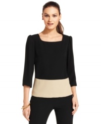 Nine West makes it easy to keep your work wardrobe on-trend with this tunic top, featuring puffed sleeves, a chic square neckline and colorblock detail at the waist. Nine West makes it easy to keep your work wardrobe on-trend with this tunic top, featuring puffed sleeves, a chic square neckline and colorblock detail at the waist.