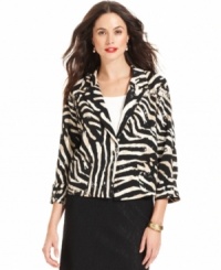 Go wild in Alfani's zebra-print blazer. Pair it with a sleek pencil skirt for a work-ready ensemble. Go wild in Alfani's zebra-print blazer. Pair it with a sleek pencil skirt for a work-ready ensemble.