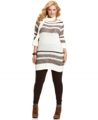 Link up your leggings with Extra Touch's striped plus size tunic sweater, featuring a removable scarf! Link up your leggings with Extra Touch's striped plus size tunic sweater, featuring a removable scarf!