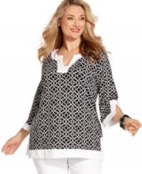 Add an elegant feel to your causal wardrobe with Charter Club's three-quarter sleeve plus size tunic top, highlighted by a vivid print. (Clearance) Add an elegant feel to your causal wardrobe with Charter Club's three-quarter sleeve plus size tunic top, highlighted by a vivid print. (Clearance)