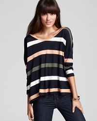 With multicolor stripes and relaxed, boxy fit, this Soft Joie tee is one piece to fawn over. With multicolor stripes and relaxed, boxy fit, this Soft Joie tee is one piece to fawn over.