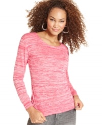 Fun strap design at the back adds a dose of unexpected style to this comfy-cozy printed top from Planet Gold! Fun strap design at the back adds a dose of unexpected style to this comfy-cozy printed top from Planet Gold!