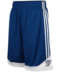 Get a step up on your competition and channel your favorite NBA basketball team with these Oklahoma Thunder shorts from adidas. Get a step up on your competition and channel your favorite NBA basketball team with these Oklahoma Thunder shorts from adidas.