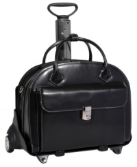 Protect your most precious tech investments with this fashion-forward, Italian leather rolling tote. The choice is yours - maximize travel options by either rolling with the patented wheel and handle system or remove it to carry with more maneuverability. A high-density removable laptop sleeve protects your computer from the bumps and bruises of regular travel, while the main compartment with file divider and front organizer help transport all your accessories. Limited lifetime warranty. Protect your most precious tech investments with this fashion-forward, Italian leather rolling tote. The choice is yours - maximize travel options by either rolling with the patented wheel and handle system or remove it to carry with more maneuverability. A high-density removable laptop sleeve protects your computer from the bumps and bruises of regular travel, while the main compartment with file divider and front organizer help transport all your accessories. Limited lifetime warranty.