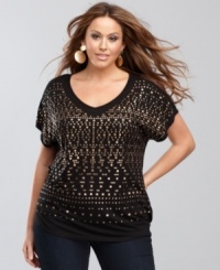 Edgy studs of various shapes and facets give this INC plus size top a touch of tough-girl chic! Edgy studs of various shapes and facets give this INC plus size top a touch of tough-girl chic!
