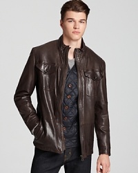 With a detachable interior vest, HUGO BOSS' Jodel jacket (rendered in lambskin leather) is simultaneously sleek and practical. With a detachable interior vest, HUGO BOSS' Jodel jacket (rendered in lambskin leather) is simultaneously sleek and practical.