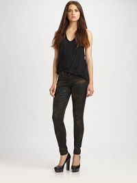 A waxy coating adds time-worn charm to these leather-like skinny jeans. THE FITMedium rise, about 8Inseam, about 29THE DETAILSButton closureZip flyFive-pocket style98% cotton/2% elastaneMachine washMade in USA of imported fabricModel shown is 5'11 (178cm) wearing US size 4. A waxy coating adds time-worn charm to these leather-like skinny jeans. THE FITMedium rise, about 8Inseam, about 29THE DETAILSButton closureZip flyFive-pocket style98% cotton/2% elastaneMachine washMade in USA of imported fabricModel shown is 5'11 (178cm) wearing US size 4.