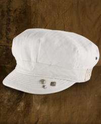 Paint splatters and antiqued metal rivets toughen up a herringbone-twill military cap for an edgy addition that goes with everything. Paint splatters and antiqued metal rivets toughen up a herringbone-twill military cap for an edgy addition that goes with everything.