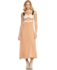 Contrast-color shoulder straps add dark magic to a Kensie midi dress that sports a touch of silk fabric and a sharp, art-deco-esque design. Contrast-color shoulder straps add dark magic to a Kensie midi dress that sports a touch of silk fabric and a sharp, art-deco-esque design.