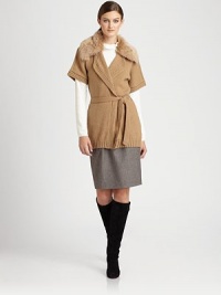 Super soft camel blend wrap sweater with a dyed lamb fur collar and self-tie belted waist for a comfortable fit.Fur-trimmed shawl collarShort sleevesBelted tie waistAbout 31 from shoulder to hemLamb fur collar trim40% virgin wool/40% polyamide/20% camelHand washImportedFur origin: ItalyModel shown is 5'10 (178cm) wearing US size Small. Super soft camel blend wrap sweater with a dyed lamb fur collar and self-tie belted waist for a comfortable fit.Fur-trimmed shawl collarShort sleevesBelted tie waistAbout 31 from shoulder to hemLamb fur collar trim40% virgin wool/40% polyamide/20% camelHand washImportedFur origin: ItalyModel shown is 5'10 (178cm) wearing US size Small.