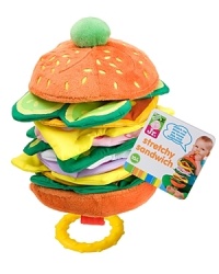 What's in your sandwich? Stretch apart to see what's inside! The ingredients rattle, crinkle and encourage delightful cause-and-effect play. What's in your sandwich? Stretch apart to see what's inside! The ingredients rattle, crinkle and encourage delightful cause-and-effect play.