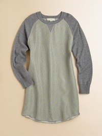 This dreamy day dress puts a super-cute spin on baseball style with printed silk at the front and back.CrewneckPull-on styleLong sleeves with ribbed cuffsKnee-lengthCurved hemSilk bodySleeves: 95% merino wool/5% cashmereMachine washImported This dreamy day dress puts a super-cute spin on baseball style with printed silk at the front and back.CrewneckPull-on styleLong sleeves with ribbed cuffsKnee-lengthCurved hemSilk bodySleeves: 95% merino wool/5% cashmereMachine washImported