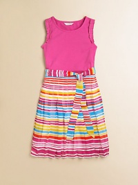 Pretty pleats and brilliant stripes define this frilly, girl chiffon frock.Round necklinePleated sleevelessSide zipperSelf-belt waistPleated skirtFully linedCotton/SpandexMachine washImported Pretty pleats and brilliant stripes define this frilly, girl chiffon frock.Round necklinePleated sleevelessSide zipperSelf-belt waistPleated skirtFully linedCotton/SpandexMachine washImported