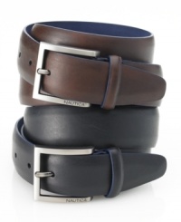 Rise above your style slump. Throw on this domed leather belt from Nautica for instant polish. Rise above your style slump. Throw on this domed leather belt from Nautica for instant polish.