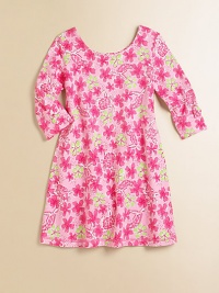 Bright and breezy floral print dress has the fit-and-flare silhouette she loves.Scoop neck front and backThree-quarter sleeves with bow details on cuffsCotton/SpandexMachine washImported Bright and breezy floral print dress has the fit-and-flare silhouette she loves.Scoop neck front and backThree-quarter sleeves with bow details on cuffsCotton/SpandexMachine washImported