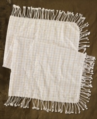 Traditionally preppy seersucker becomes at once urban and fresh when accented with a rustic plaid print and fringed detailing. Traditionally preppy seersucker becomes at once urban and fresh when accented with a rustic plaid print and fringed detailing.