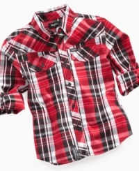 Bold. He'll stand out and keep it cool with the crisp plaid on this shirt from LRG, a perfect pattern for the last layer of style. Bold. He'll stand out and keep it cool with the crisp plaid on this shirt from LRG, a perfect pattern for the last layer of style.