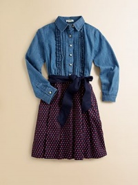The timeless denim shirt with pintucking detail and a ruffled placket meets a colorful dot skirt for a fashion-forward ensemble.Shirt collarLong sleeves with button cuffsButton-frontBelted waistFull skirtCottonMachine washImported Please note: Number of buttons may vary depending on size ordered. The timeless denim shirt with pintucking detail and a ruffled placket meets a colorful dot skirt for a fashion-forward ensemble.Shirt collarLong sleeves with button cuffsButton-frontBelted waistFull skirtCottonMachine washImported Please note: Number of buttons may vary depending on size ordered.