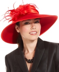 Dressed to impress. This stunning hat by August is perfect for that special occasion. The romantic broad brim design is presented in alluring red with a flirty feather accent; it's destined to turn more than a few heads.