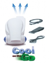 Cool On The Go - The World's Most Versatile Hands-Free Personal Cooling Device. Compact Portable Fan System powered by USB or Batteries. White / Blue Cool On The Go - The World's Most Versatile Hands-Free Personal Cooling Device. Compact Portable Fan System powered by USB or Batteries. White / Blue