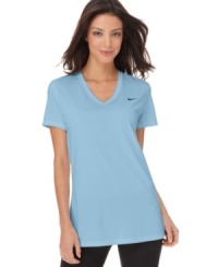 Nike's Dri-FIT tee keeps you cool & comfy as you get in shape! Pair it with leggings or workout pants for the ultimate athletic ensemble. Nike's Dri-FIT tee keeps you cool & comfy as you get in shape! Pair it with leggings or workout pants for the ultimate athletic ensemble.