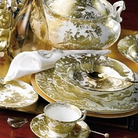 Birds of Paradise and Peacocks with long trailing feathers adorn this dramatic tableware. The original design was taken from an embroidered cushion fashioned by a member of the Royal Academy of Needlework. Birds of Paradise and Peacocks with long trailing feathers adorn this dramatic tableware. The original design was taken from an embroidered cushion fashioned by a member of the Royal Academy of Needlework.