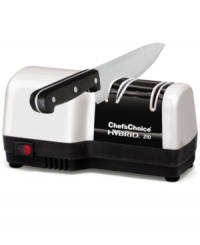 Sharpen up! A two-stage process of electric sharpening and manual honing results in razor sharp, arch-shaped edges that reintroduce incredible performance and precision to your knife collection. Using diamond abrasive wheels, this sharpener is durable and never loses its shape for extremely sharp edges with lots of bite. 1-year warranty. Model M210. Sharpen up! A two-stage process of electric sharpening and manual honing results in razor sharp, arch-shaped edges that reintroduce incredible performance and precision to your knife collection. Using diamond abrasive wheels, this sharpener is durable and never loses its shape for extremely sharp edges with lots of bite. 1-year warranty. Model M210.