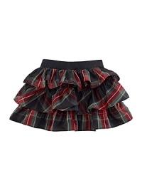 Traditional tartan plaid is crafted into a flirty tiered skirt accented with a flurry of ruffles for a fun, stylish touch. Traditional tartan plaid is crafted into a flirty tiered skirt accented with a flurry of ruffles for a fun, stylish touch.