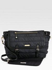 An ultra-versatile, ultra-functional messenger-style diaper bag featuring adjustable shoulder strap, plenty of pockets and matching changing pad.Adjustable shoulder strapMagnetic flap closureInside drawstring closureOutside zipper pocketInside open pocketsMatching changing pad15W X 11H X 6DFully linedPolyesterImported An ultra-versatile, ultra-functional messenger-style diaper bag featuring adjustable shoulder strap, plenty of pockets and matching changing pad.Adjustable shoulder strapMagnetic flap closureInside drawstring closureOutside zipper pocketInside open pocketsMatching changing pad15W X 11H X 6DFully linedPolyesterImported