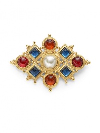 THE LOOKByzantine collectionDiamond-shaped designColored glass stone and faux pearl accents24k electroplated gold settingLatch closureTHE MEASUREMENTWidth, about 3Length, about 4ORIGINMade in USA THE LOOKByzantine collectionDiamond-shaped designColored glass stone and faux pearl accents24k electroplated gold settingLatch closureTHE MEASUREMENTWidth, about 3Length, about 4ORIGINMade in USA