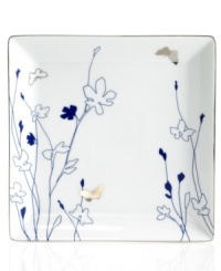 Platinum butterflies flit about indigo-blue blooms, adding whimsical glow to the Silhouette Indigo square accent plate. A banded edge adds a classic touch to a dinnerware pattern with modern spirit. Platinum butterflies flit about indigo-blue blooms, adding whimsical glow to the Silhouette Indigo square accent plate. A banded edge adds a classic touch to a dinnerware pattern with modern spirit.