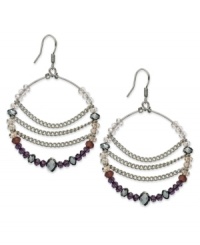 Making the rounds. Multicolor glass accents drape the outside of these hoop earrings from c.A.K.e by Ali Khan. Crafted from silver tone mixed metal, the earrings also feature three chains to bridge the gap. Approximate drop: 1-3/4 inches. Approximate diameter: 1-3/8 inches. Making the rounds. Multicolor glass accents drape the outside of these hoop earrings from c.A.K.e by Ali Khan. Crafted from silver tone mixed metal, the earrings also feature three chains to bridge the gap. Approximate drop: 1-3/4 inches. Approximate diameter: 1-3/8 inches.