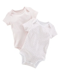 A set of two adorable short-sleeved bodysuits is rendered in ultra-soft cotton jersey. A set of two adorable short-sleeved bodysuits is rendered in ultra-soft cotton jersey.