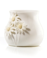 Sculpted black-eyed Susans pop with a tinge of yellow against the glossy white Flora votive holder. A quiet beauty in graceful Lenox porcelain. Sculpted black-eyed Susans pop with a tinge of yellow against the glossy white Flora votive holder. A quiet beauty in graceful Lenox porcelain.