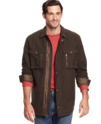 Layer up in rugged style with this Tommy Bahama shirt jacket. Layer up in rugged style with this Tommy Bahama shirt jacket.