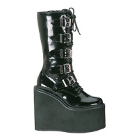 5-3/4 Inch Trendy Gothic Boot Mid Calf Boot 5 Buckle Platform Boot Black Patent 5-3/4 Inch Trendy Gothic Boot Mid Calf Boot 5 Buckle Platform Boot Black Patent