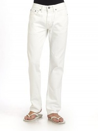 Slightly fitted, yet exceptionally comfortable, this slim-fit cotton denim classic has minimal fading and a versatile dark rinse.Mid-width waistband with belt loops Front zipper and button fly Five-pocket style Contrast stitching and logo patch at backpocket Inseam, about 34 Cotton; hand wash or machine wash Imported Slightly fitted, yet exceptionally comfortable, this slim-fit cotton denim classic has minimal fading and a versatile dark rinse.Mid-width waistband with belt loops Front zipper and button fly Five-pocket style Contrast stitching and logo patch at backpocket Inseam, about 34 Cotton; hand wash or machine wash Imported