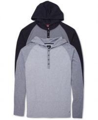 Trendy henley hoodie with baseball appeal by Univibe. Trendy henley hoodie with baseball appeal by Univibe.