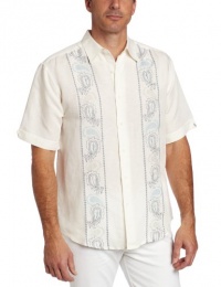 Cubavera Men's Short Sleeve Linen Blend Printed Panel And Embroidered Paisley Design Cubavera Men's Short Sleeve Linen Blend Printed Panel And Embroidered Paisley Design