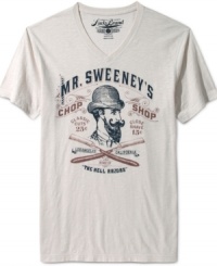 Right now, a vintage T-shirt looks like the most modern thing to wear with your jeans. Here, Lucky Brand celebrates the trend by printing the faux-old logo of Mr. Sweeney's Chop Shop on a V-neck tee. Right now, a vintage T-shirt looks like the most modern thing to wear with your jeans. Here, Lucky Brand celebrates the trend by printing the faux-old logo of Mr. Sweeney's Chop Shop on a V-neck tee.