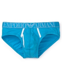 From Emporio Armani, ultra-soft cotton briefs framed by a wide logo waistband and contrast trim at the fly. From Emporio Armani, ultra-soft cotton briefs framed by a wide logo waistband and contrast trim at the fly.