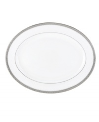 Inspired by the trim on an elegant gown, the graceful Lace Couture oval platter features an intricate platinum border that combines harmoniously with white bone china for unparalleled style. From Lenox. Inspired by the trim on an elegant gown, the graceful Lace Couture oval platter features an intricate platinum border that combines harmoniously with white bone china for unparalleled style. From Lenox.
