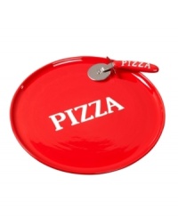 Turn takeout into a good old-fashioned pizza party. Tomato-red earthenware with white block letters gives this pizza cutter and plate set a fun, novelty feel. From Tabletops Unlimited's collection of serveware and serving dishes. Turn takeout into a good old-fashioned pizza party. Tomato-red earthenware with white block letters gives this pizza cutter and plate set a fun, novelty feel. From Tabletops Unlimited's collection of serveware and serving dishes.