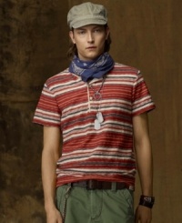 Inspired by the laid-back lifestyle of Southern California, a sunset-striped Henley is constructed from uneven cotton jersey for an authentic worn-in look. Inspired by the laid-back lifestyle of Southern California, a sunset-striped Henley is constructed from uneven cotton jersey for an authentic worn-in look.