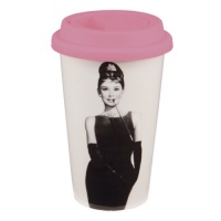Vandor Audrey Hepburn Breakfast at Tiffany's 12-Ounce Double Wall Ceramic Travel Mug with Silicone Lid, Pink, Black and White Vandor Audrey Hepburn Breakfast at Tiffany's 12-Ounce Double Wall Ceramic Travel Mug with Silicone Lid, Pink, Black and White