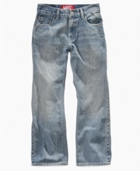 Fitted through the seat and thigh, these boot cut jeans from Levi's, in a relaxed husky style, give him a laid-back look. Fitted through the seat and thigh, these boot cut jeans from Levi's, in a relaxed husky style, give him a laid-back look.