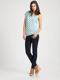 One-shoulder wonder with ingenious side ruching and an asymmetrical stripe print. Asymmetrical necklineSide ruching96% rayon/4% spandexHand washMade in USAModel shown is 5'10 (177cm) wearing US size Small. One-shoulder wonder with ingenious side ruching and an asymmetrical stripe print. Asymmetrical necklineSide ruching96% rayon/4% spandexHand washMade in USAModel shown is 5'10 (177cm) wearing US size Small.