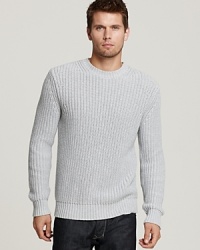 Cozy up to a hot cold-weather look from Michael Kors, a classic chunky sweater with allover ribbing and crewneck. Cozy up to a hot cold-weather look from Michael Kors, a classic chunky sweater with allover ribbing and crewneck.