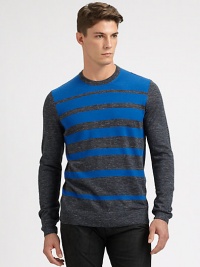 An artful approach to a simply stylish crewneck sweater, striped and woven in a fine blend of wool and linen.CrewneckRibbed knit collar, cuffs and hem38% wool/35% acrylic/15% linen/12% alpacaDry cleanImported An artful approach to a simply stylish crewneck sweater, striped and woven in a fine blend of wool and linen.CrewneckRibbed knit collar, cuffs and hem38% wool/35% acrylic/15% linen/12% alpacaDry cleanImported
